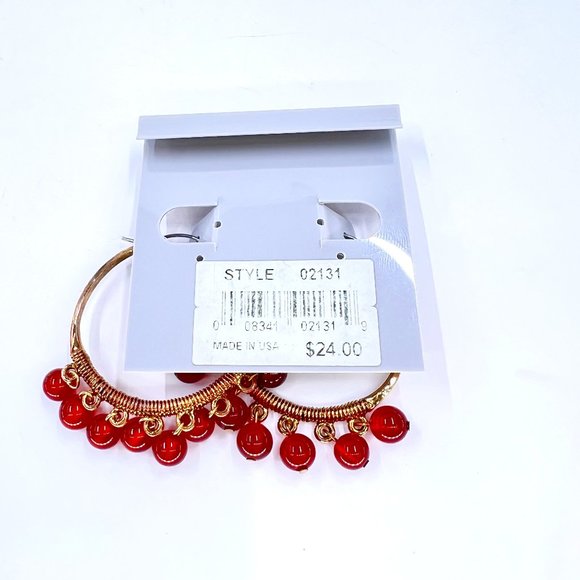 NWT - Stein Blye - Orange Semi-Precious Beaded Gold Tone Hinged Hoop Earrings - Picture 5 of 6